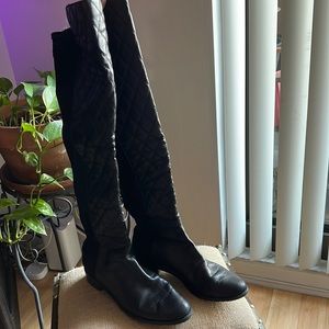 Stuart Weitzman Black Quilted Leather and Neoprene Over the Knee Boots